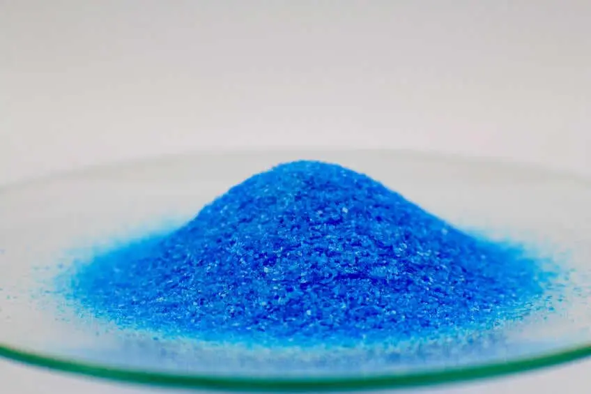 Copper sulphate in two glass dishes.